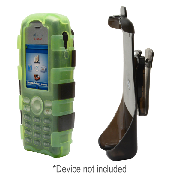BackOpen Silicone Case w/Clamshell & Holster Metal Clip fits Cisco 7925G/7925G-EX, Dock-in-Case, GREEN